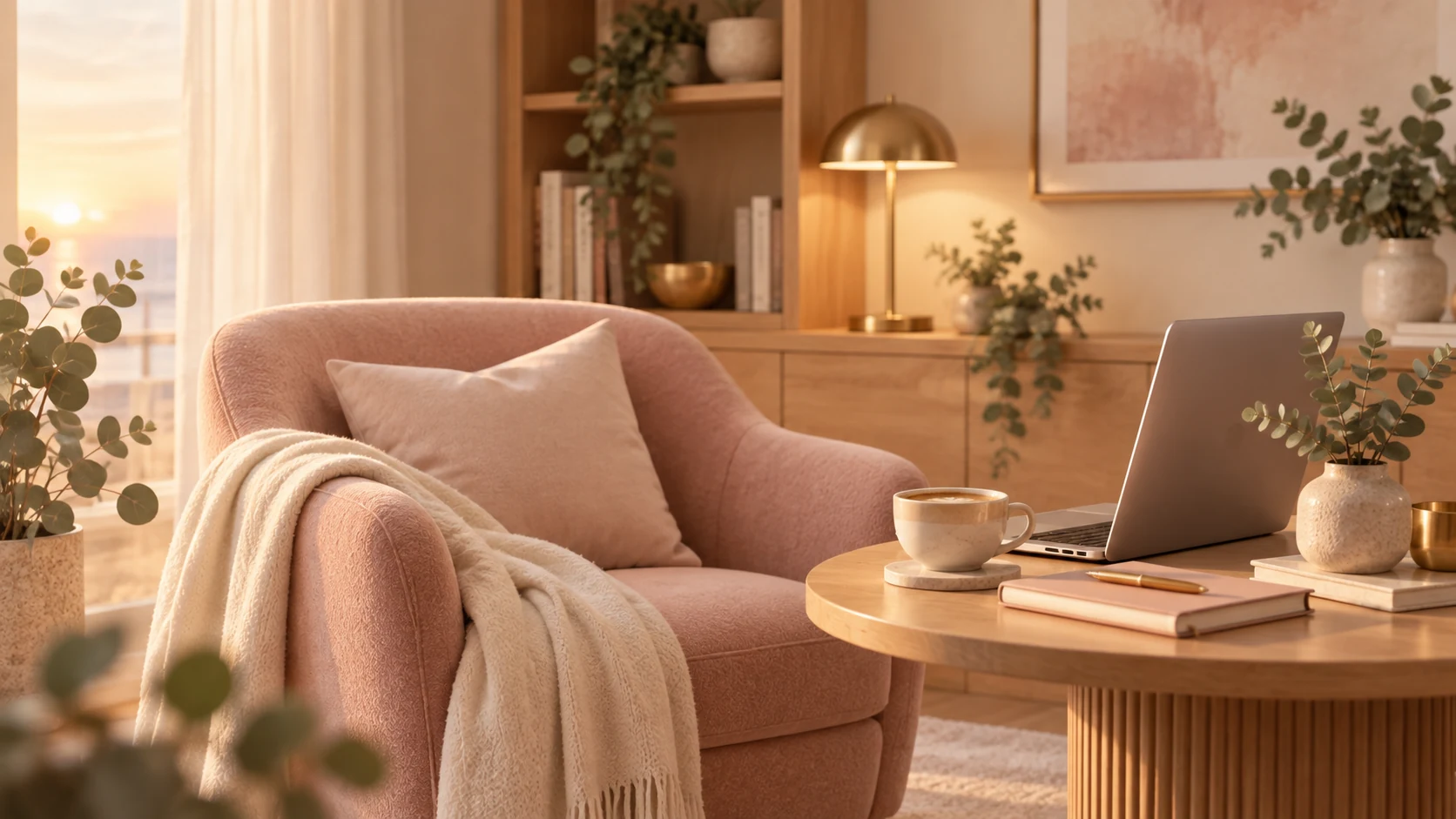 A reading corner with a book and warm light